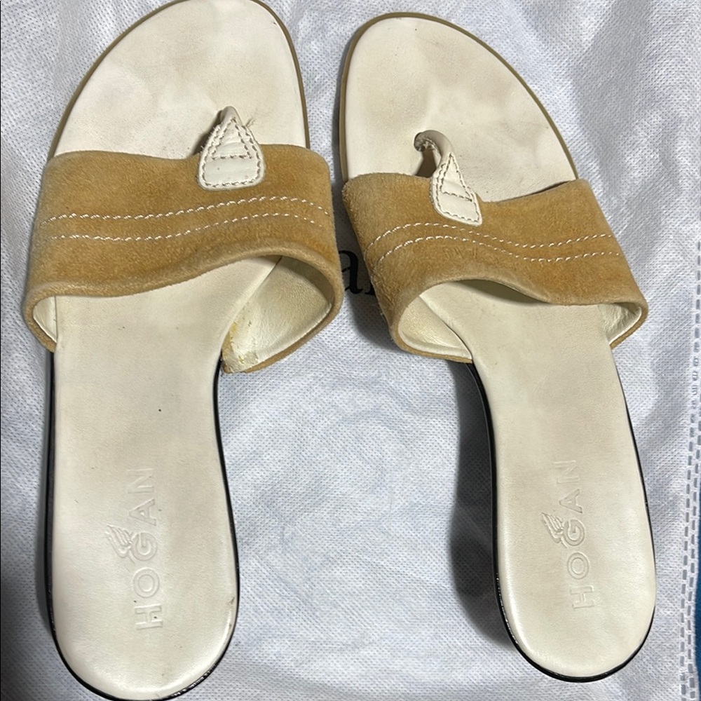 Hogan Tan and White Slide Sandals Minimalist Design